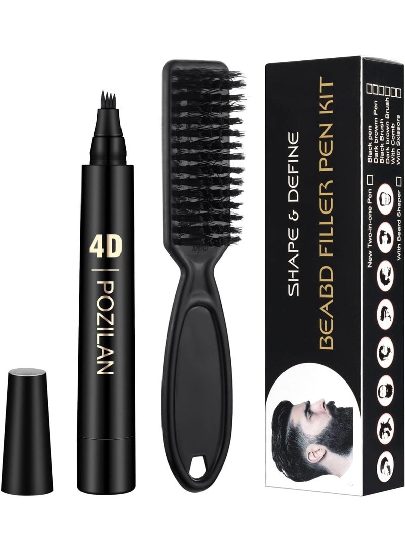 Men's Beard Defining and Filling Pen, Black Waterproof Pen with Bristle Brush for a Natural Look for Men's Beards, Mustaches, and Eyebrows - Image 1